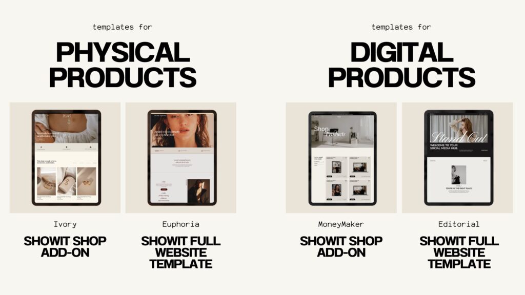 various showit shop add-ons for physical and digital products