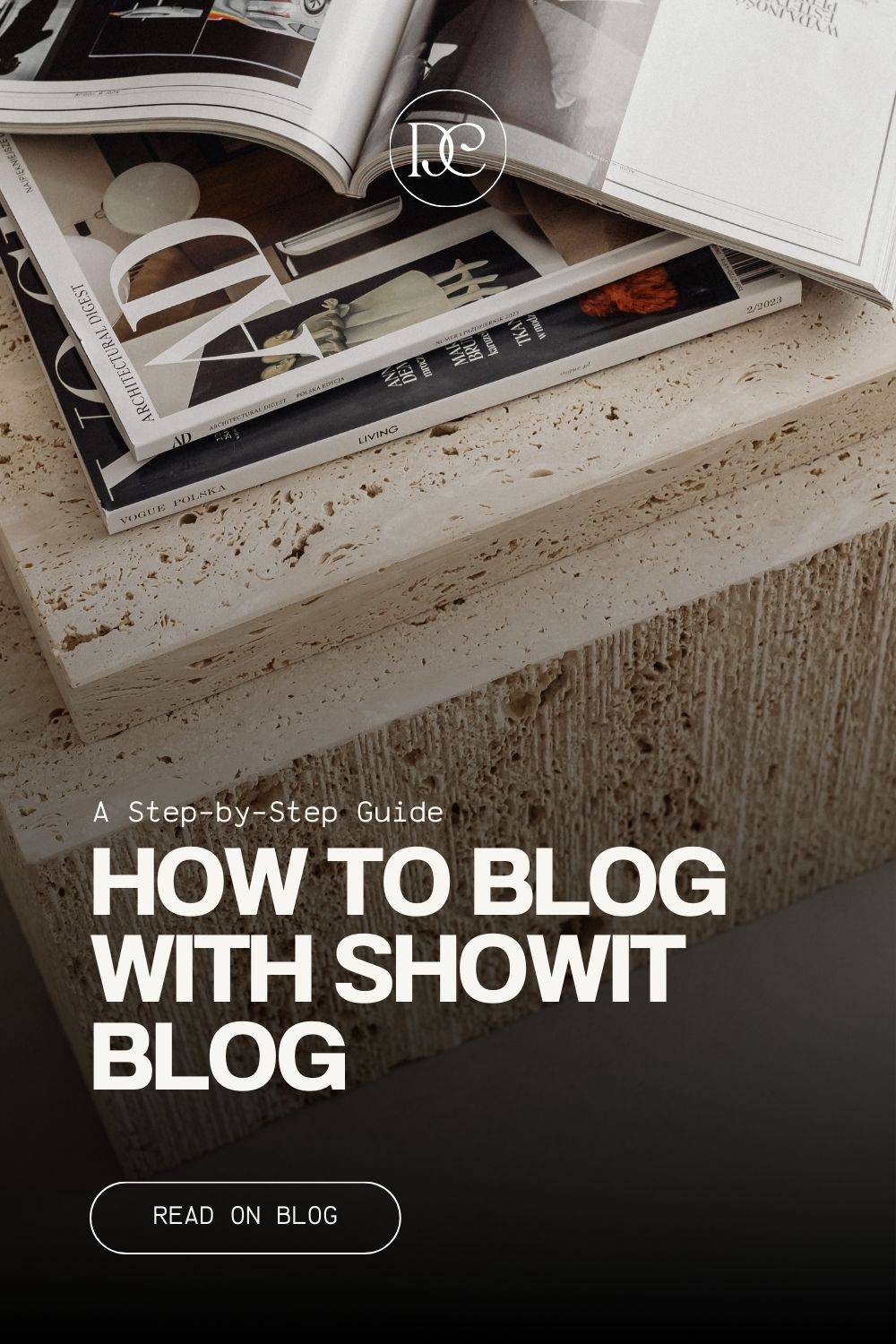 table with magazine and text how to blog with showit