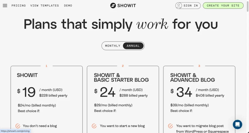 Showit pricing plans